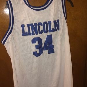 Blue and white basketball jersey